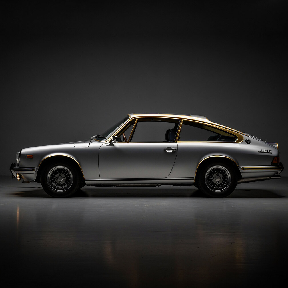 Restored 1970s classic touring car photographed in studio lighting