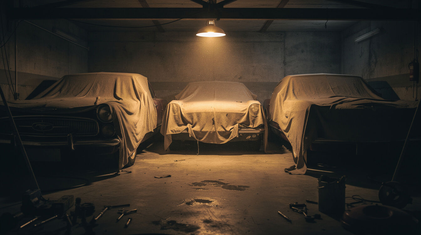 Second view of a secret private garage with covered classic automobiles