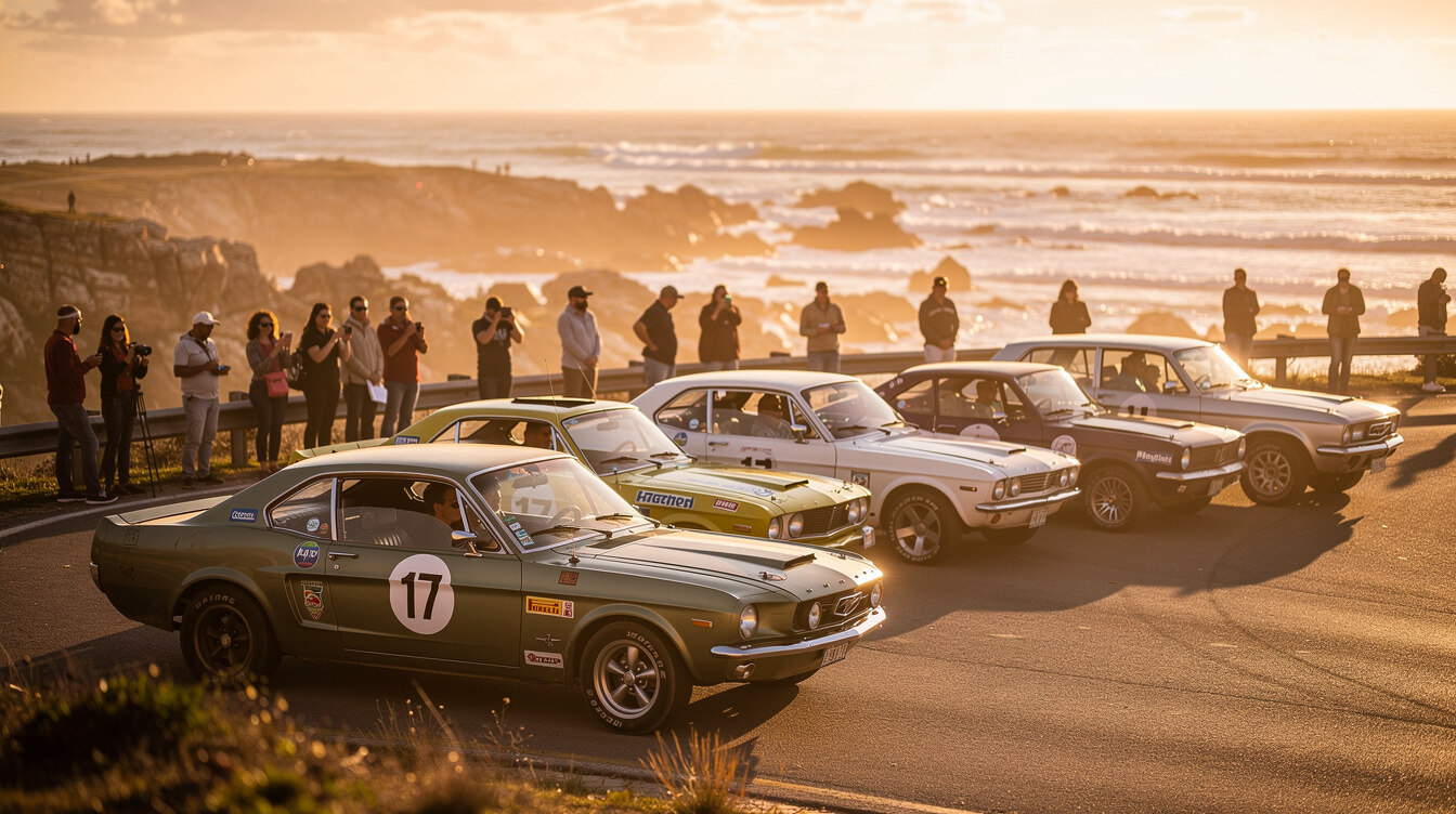Vintage rally automobiles gathered near the beach in Punta del Este