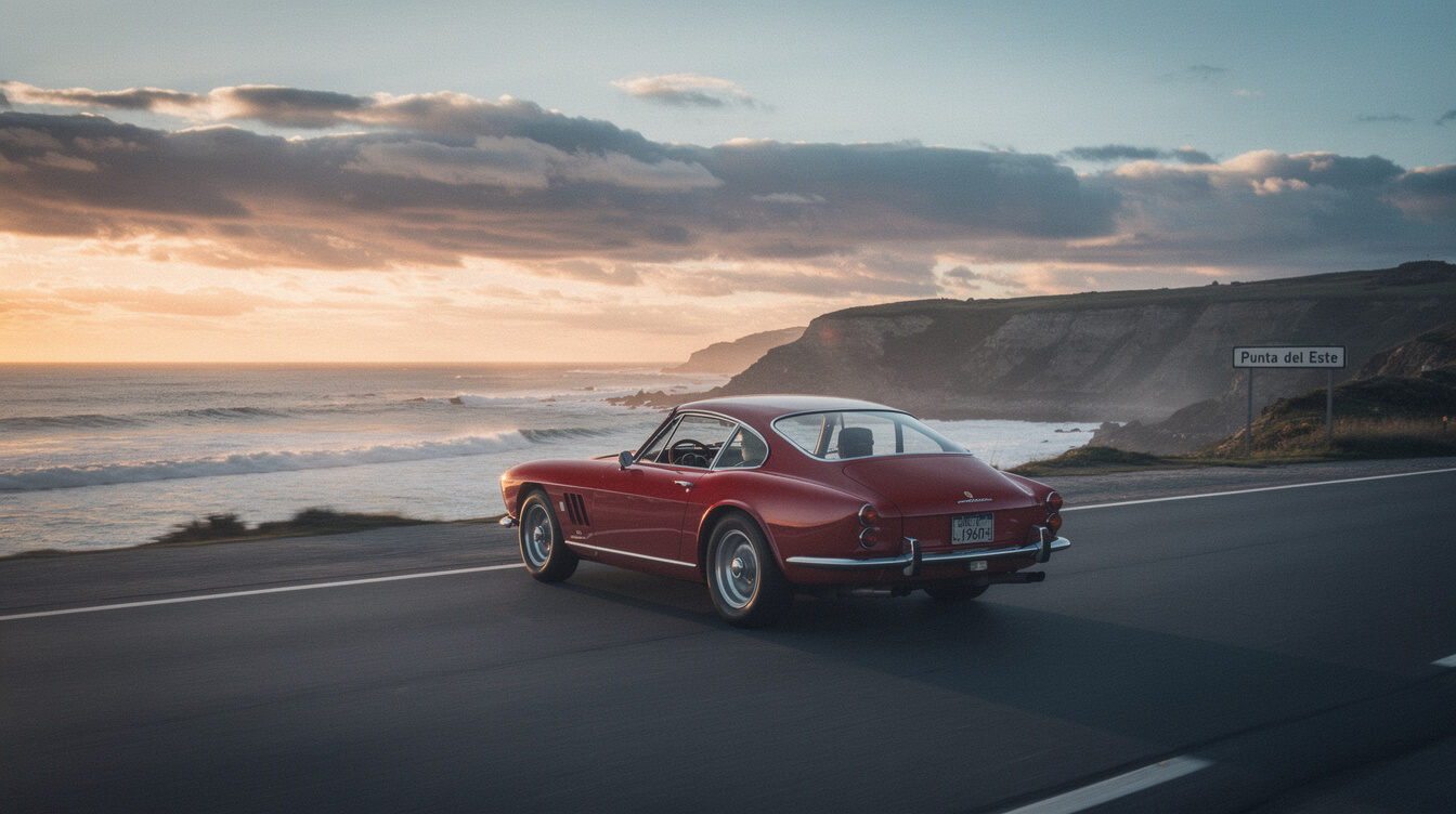 Vintage sports car driving along a coastal road in Punta del Este at dusk