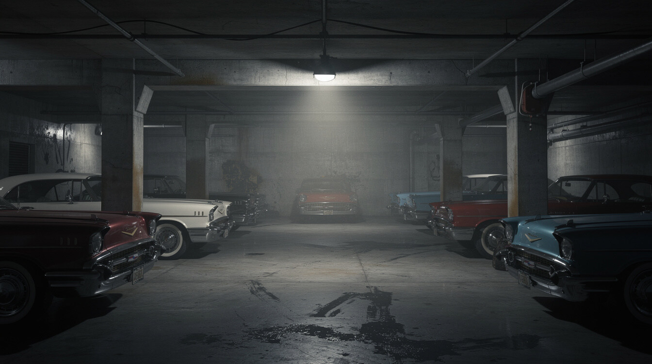 Secret private garage with a hidden collection of classic automobiles