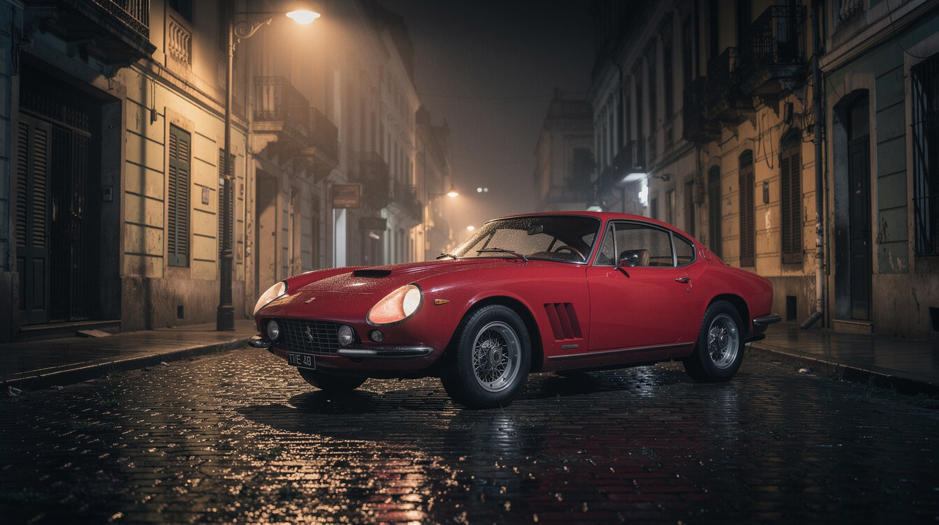 Vintage Ferrari parked on a Montevideo street at night