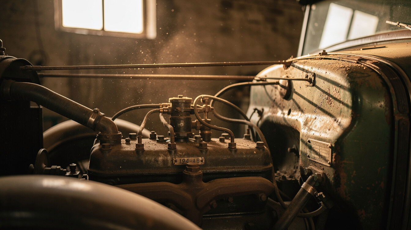 Detail shot of a classic automobile engine bay inside an old Montevideo garage