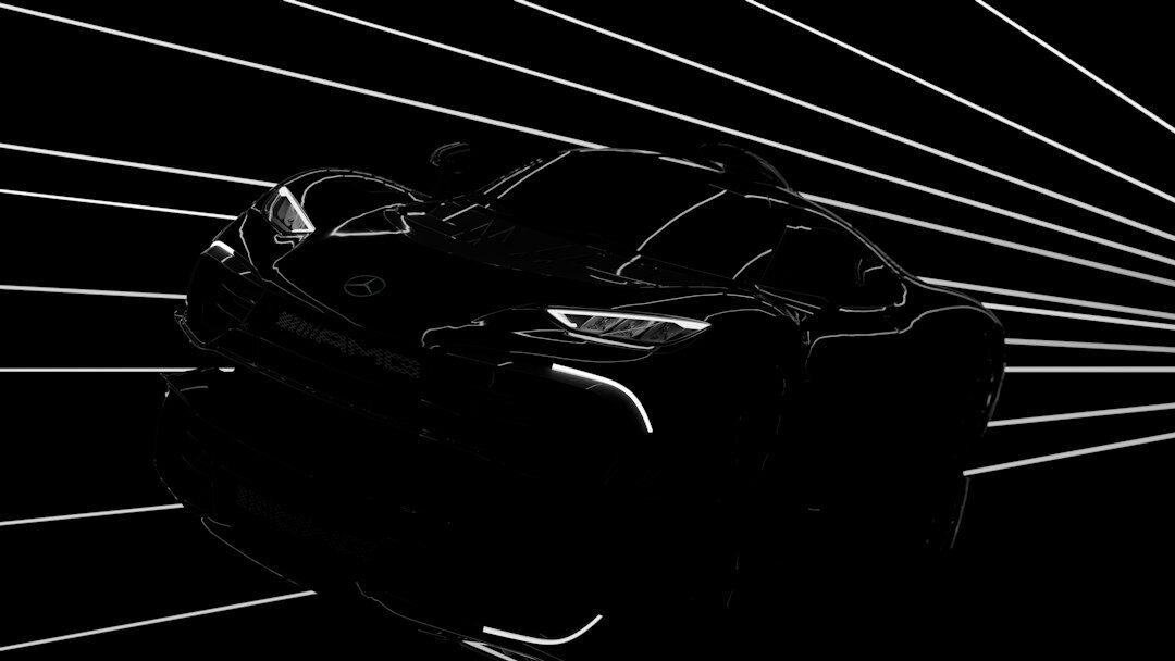 Dark futuristic virtual gallery displaying a classic automobile