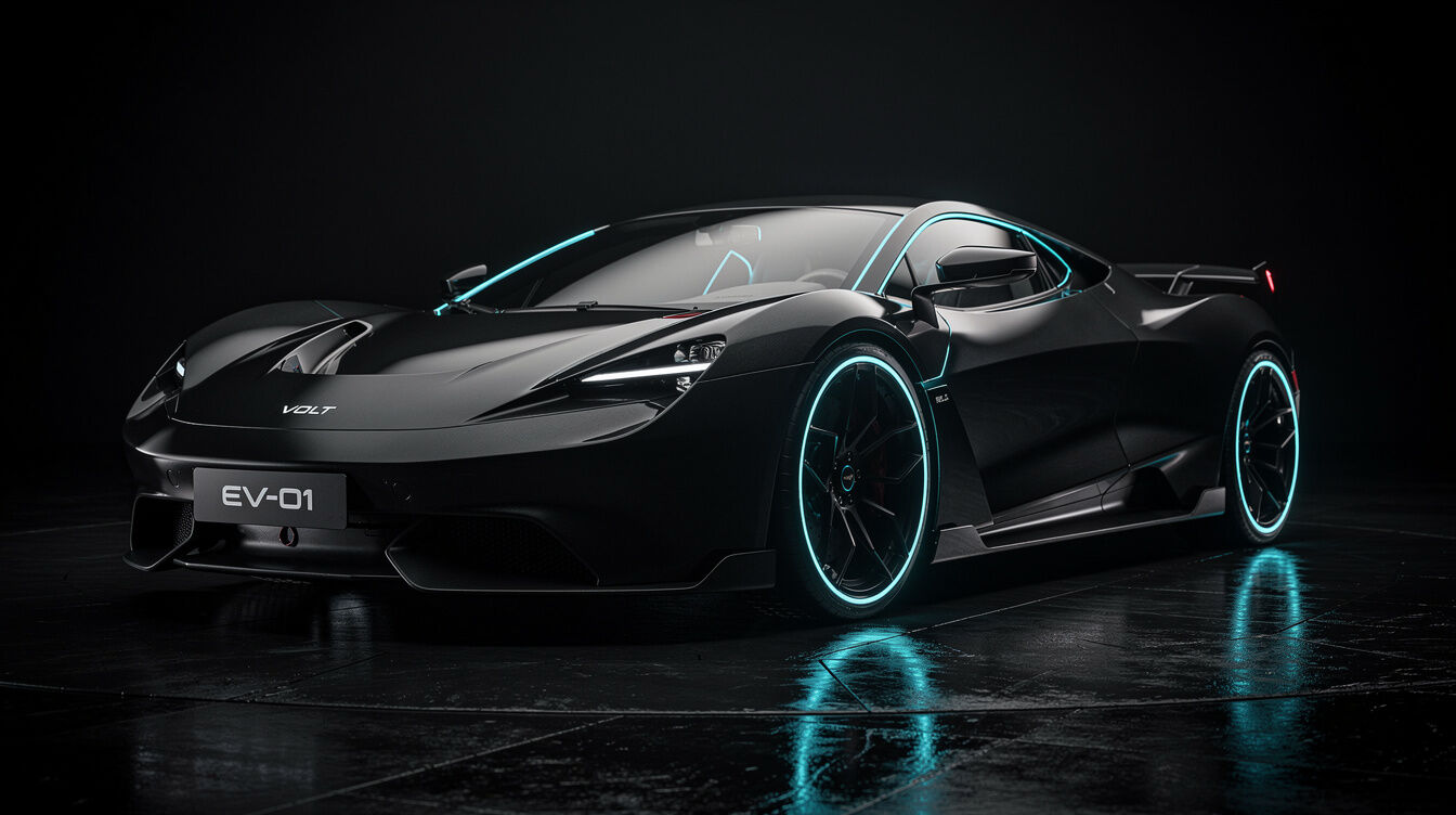 Electric hypercar photographed in a dark studio with cyan lighting