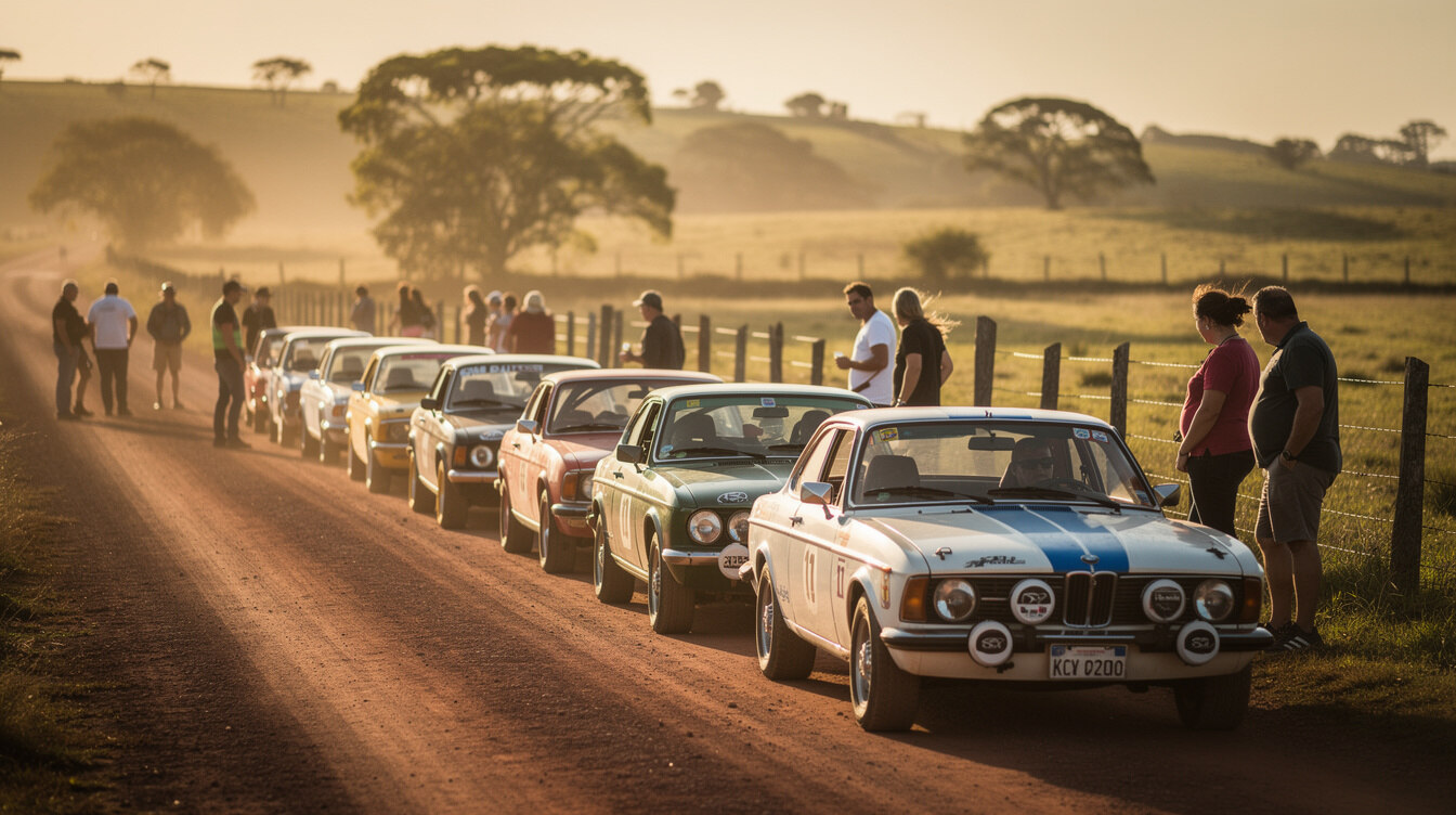 Classic car rally with vintage automobiles lined up on a rural Uruguayan road