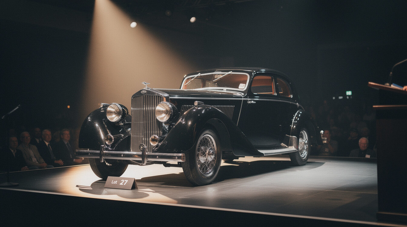 Rare pre-war luxury automobile displayed under spotlight at an auction event
