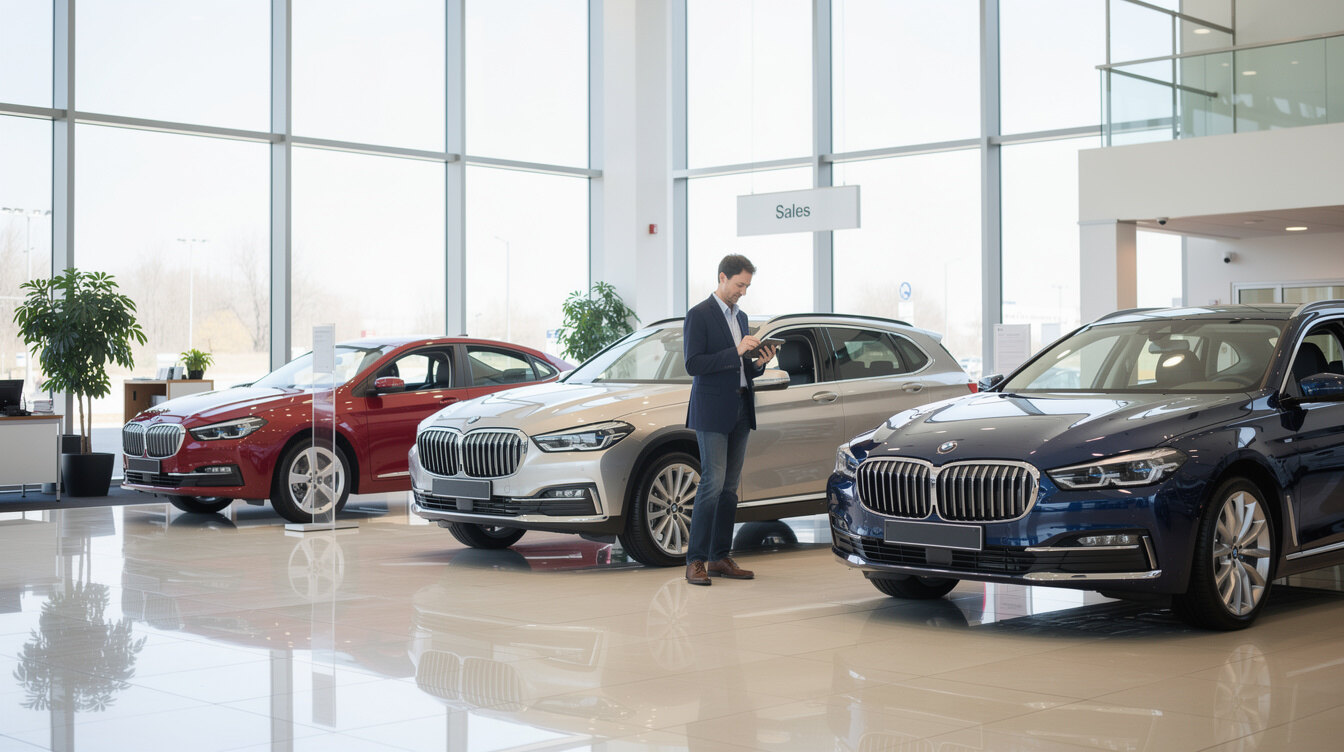 person choosing car in showroom