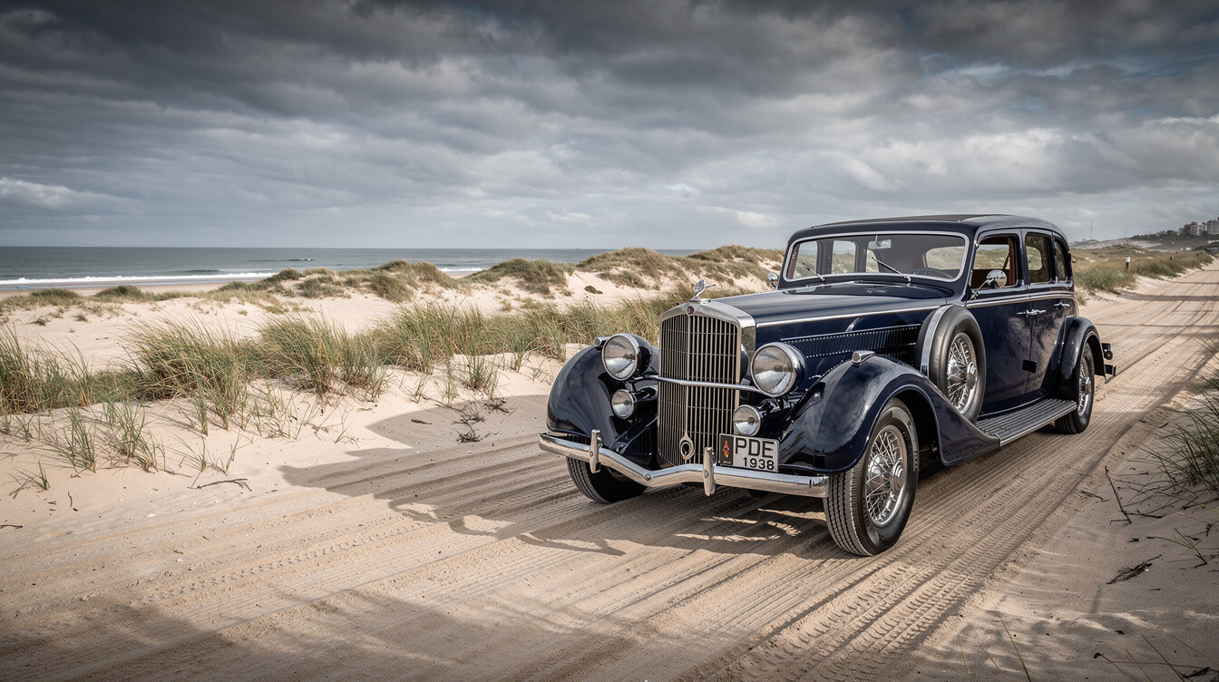 Rare vintage luxury automobile parked near the beach in Punta del Este